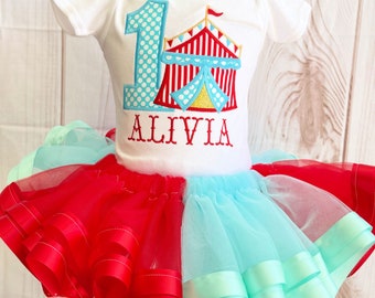 Girls Embroidered Circus Birthday Tutu Outfit | Red Aqua Pink