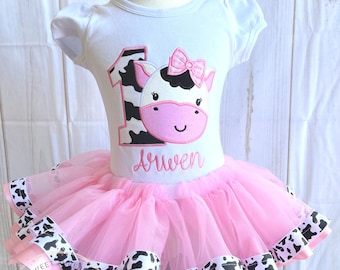Pink Cow Birthday Tutu Outfit | Embroidered Shirt | Ribbon Tutu