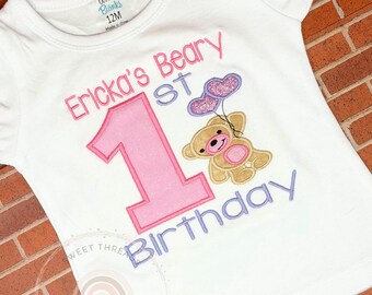 Camiseta bordada de primer cumpleaños con osito / Camiseta personalizada de primer cumpleaños