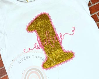 Girls First Birthday Shirt | Gold Glitter, Pink Embroidery