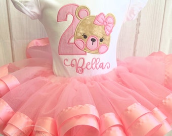 Embroidered Bear Birthday Tutu Outfit | Personalized Girl's Party | Double Ribbon Trim tutu