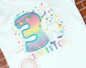 Girls' Pastel Rainbow Unicorn Birthday Shirt With Name
