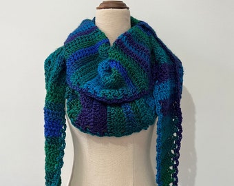 Shapes of winter Scarf/wrap - blue and green | Handmade | Crochet