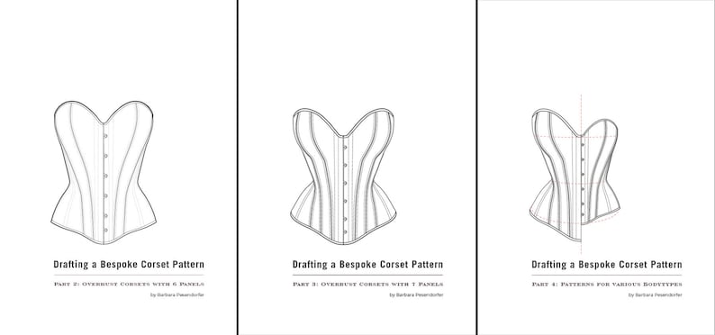 Op de afbeelding: Drie zwart-witte lijntekeningen van een corsetpatroon. De eerste afbeelding toont een corset met 6 panelen. De tweede afbeelding toont een corset met 7 panelen. De derde afbeelding toont een corset met verschillende lichaamstypen. De tekst onder elke afbeelding luidt "Drafting a Bespoke Corset Pattern" en bevat het onderdeelnummer en de auteur.
