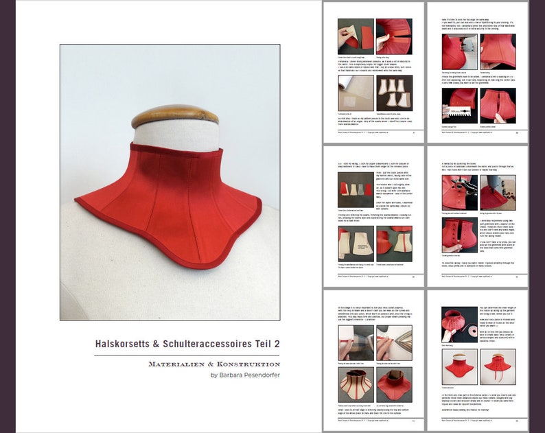 May include: A red fabric collar with a scalloped edge. The collar is on a white mannequin. The text "Halskorsetts & Schulteraccessoires Teil 2" is at the bottom of the image. The text "Materialien & Konstruktion" is below the first line of text. The text "by Barbara Pesendorfer" is below the second line of text.