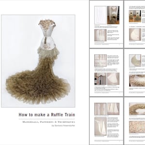 Puede incluir: Una guía para hacer una cola de volantes. La guía incluye materiales, patrones y técnicas. La portada presenta un vestido blanco con una gran cola de volantes marrón.