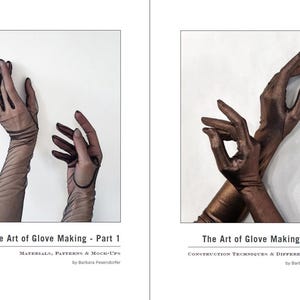 May include: Two images of hands wearing gloves. The left image shows sheer black gloves with a linear design. The right image shows bronze-coloured gloves. Text on the images reads "The Art of Glove Making - Part 1" and "Part 2".