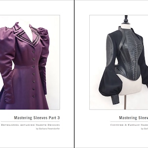 May include: Two images showing different sleeve designs. The first image shows a purple dress with a high collar and long sleeves. The second image shows a black top with a high collar and long sleeves. The text below each image reads "Mastering Sleeves Part 3" and "Mastering Sleeves Part 4".