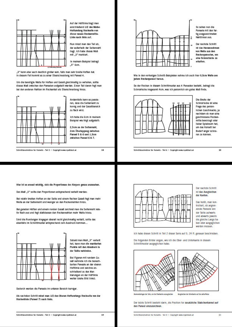 Op de afbeelding: Een zwart-witte illustratie van een kledingpatroon met gedetailleerde instructies over het maken van een jurk met een getailleerd lijfje en een volle rok. De tekst bevat maten in inches en centimeters.