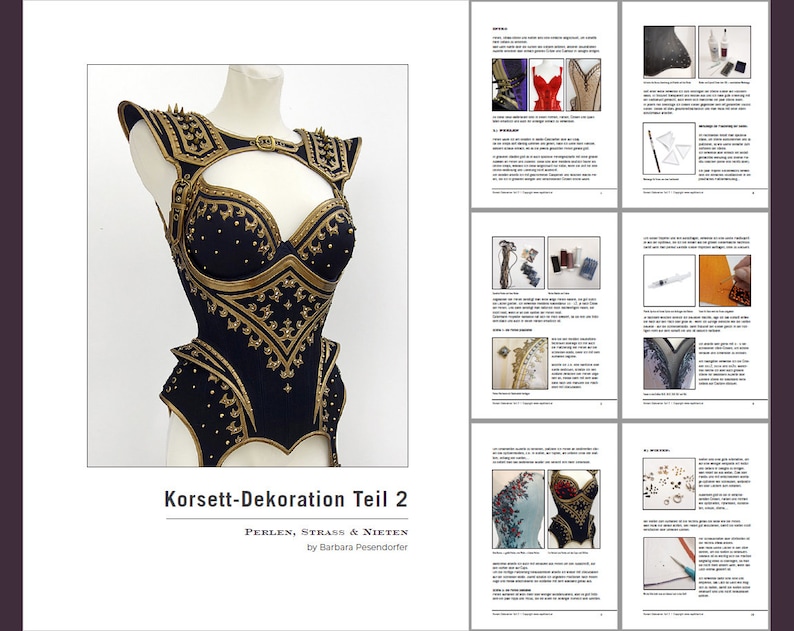 May include: A black corset with gold embellishments and spikes. The corset is on a mannequin and has a title that reads "Korsett-Dekoration Teil 2 Perlen, Strass & Nieten by Barbara Pesendorfer".