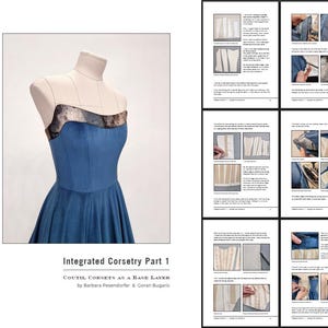 May include: A blue corset dress on a mannequin, with a patterned trim at the top. The dress is featured in a book titled "Integrated Corsetry Part 1" by Barbara Pesendorfer & Goran Bugaric.