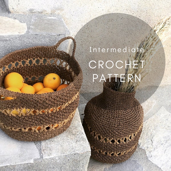 Crochet Pattern, DIY Crochet Home Decor, Vase Crochet Pattern, Basket Crochet Pattern, Crochet Raffia Home Decor, Set of two crochet pattern