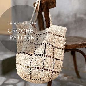 Crochet Pattern for the 'Pebbly Squares 1' Medium Hand Bag with round bottom, Raffia Crochet Bag pattern, Shoulder Bag pattern, boho pattern