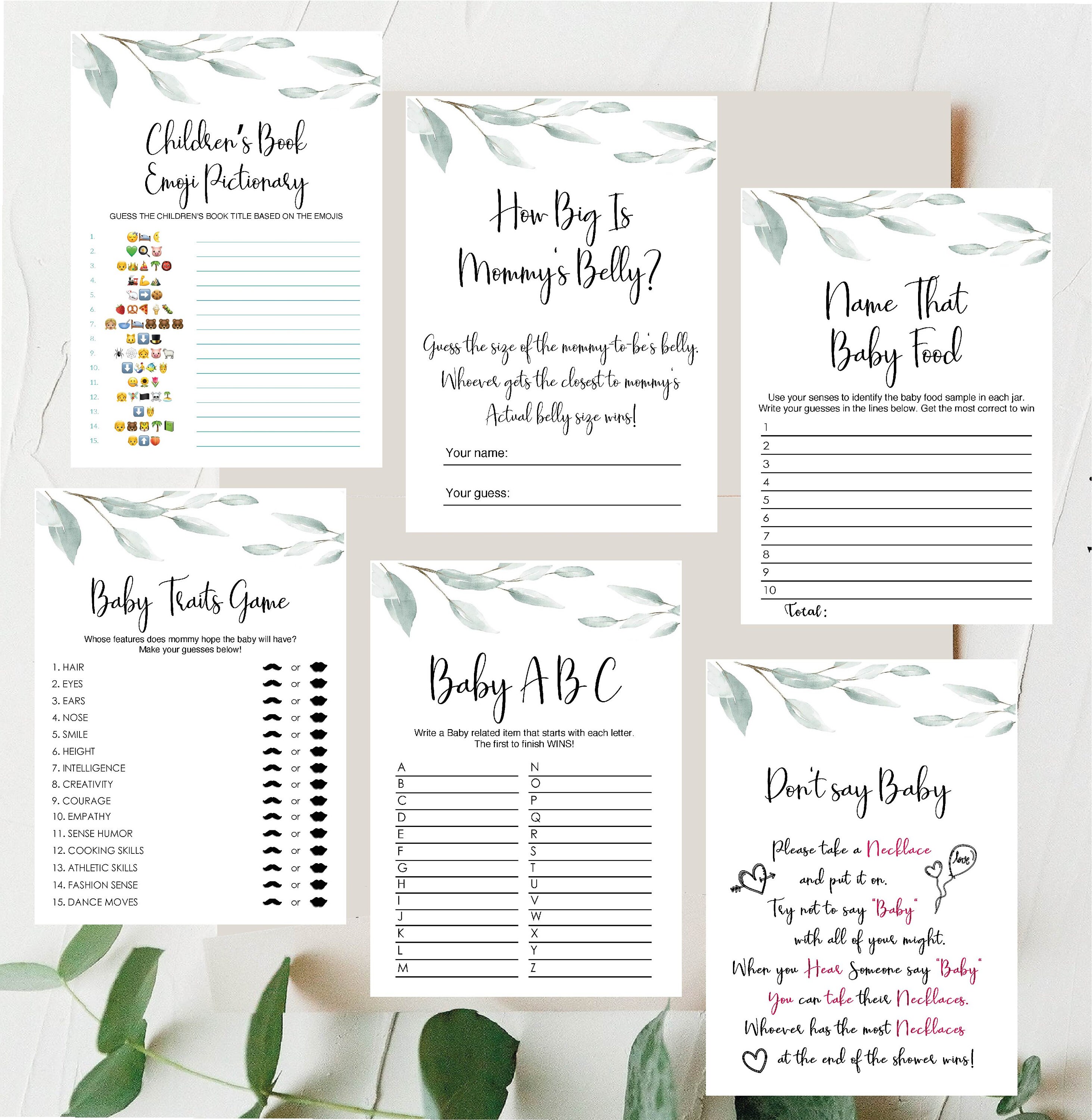 Greenery Baby Shower Games Set Baby Shower Bundle Greenery Etsy