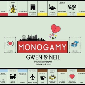 May include: A red and white Monopoly game board with a custom title "Monogamy Gwen & Neil Golden Anniversary Edition 20.9.2020". The board features a London skyline with the London Eye and a hot air balloon with hearts.