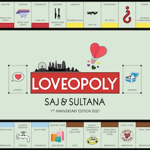 May include: A custom Monopoly board game with a red, white, and black color scheme. The game is called "Loveopoly" and is a 1st anniversary edition for Saj & Sultana. The board features various locations and landmarks, including a hot air balloon, a heart, and a chest.