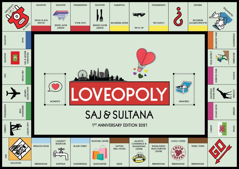 May include: A custom Monopoly board game with a red, white, and black color scheme. The game is called "Loveopoly" and is a 1st anniversary edition for Saj & Sultana. The board features various locations and landmarks, including a hot air balloon, a heart, and a chest.