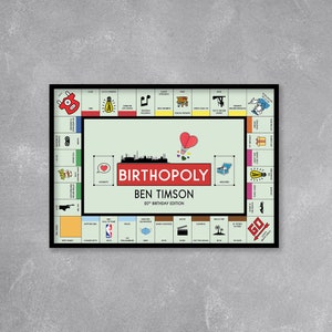 May include: A customized game board with a red and white title "Birthopoly" and the name "Ben Timson" in black text. The board is a green and white Monopoly-style game board with various icons and images. The board is framed in black.