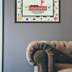 May include: A custom Monopoly board game with a green background and a red title bar that says "Monogamy Tara & Adrian 5th Anniversary Edition". The board features various icons and images related to a couple's life together, including a heart, a house, a plane, and a car.