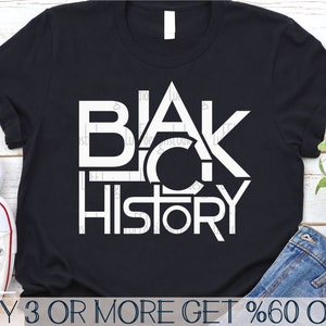 May include: Black History graphic design on a black t-shirt. The design is in white and features the words "Black History" with the letters overlapping and forming a unique design.