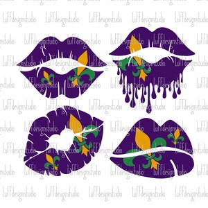 May include: Four purple lips with a Mardi Gras theme. The lips are decorated with gold and green fleur-de-lis. One set of lips is dripping with purple paint.
