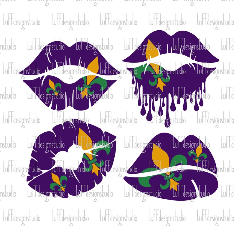 May include: Four purple lips with a Mardi Gras theme. The lips are decorated with gold and green fleur-de-lis. One set of lips is dripping with purple paint.