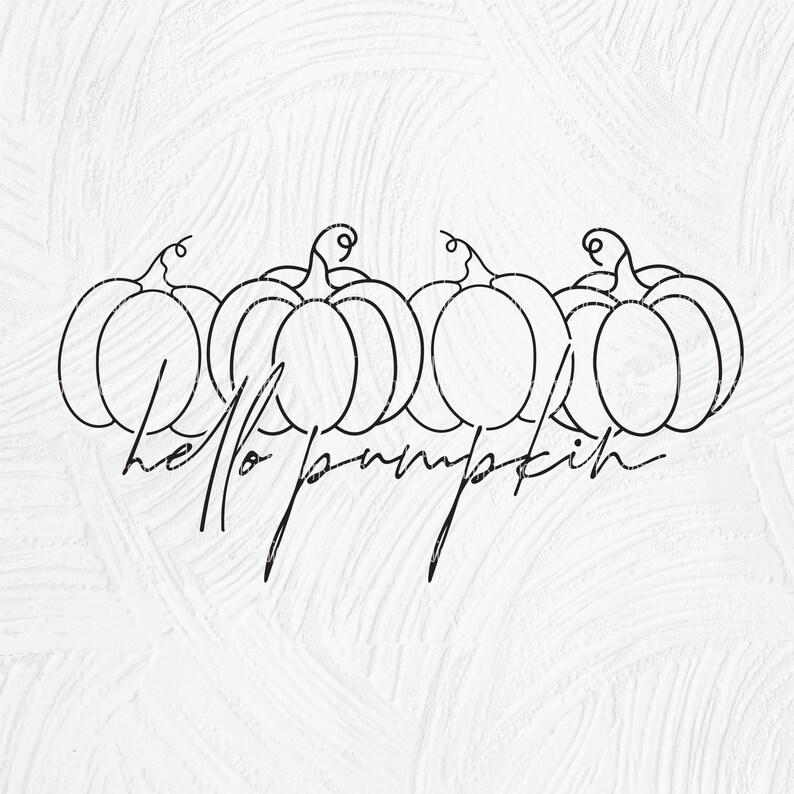 Pode incluir: Ilustra&ccedil;&atilde;o de arte de linha de cinco ab&oacute;boras com o texto "hello pumpkin" abaixo.