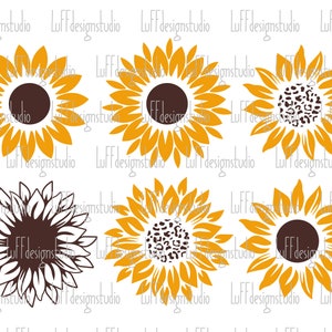 May include: Six different sunflower designs.  Three sunflowers are yellow with brown centers. Three sunflowers are white with brown centers. Two of the sunflowers have a leopard print pattern in the center.