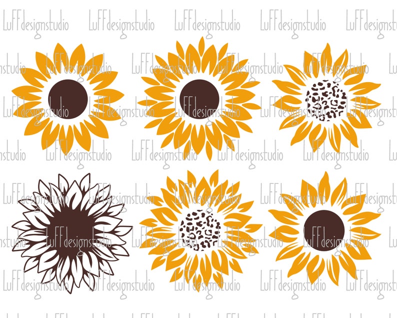 May include: Six different sunflower designs.  Three sunflowers are yellow with brown centers. Three sunflowers are white with brown centers. Two of the sunflowers have a leopard print pattern in the center.