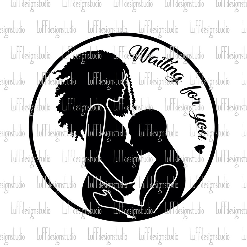 May include: Black and white silhouette of a pregnant woman and a man embracing. The text "Waiting for you" is written in a circle around them.