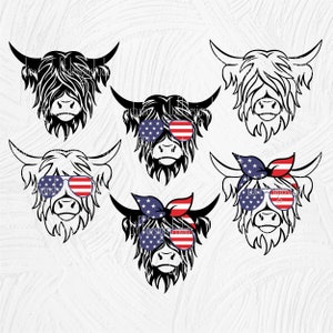 Puede incluir: Seis ilustraciones de vacas Highland en blanco y negro con accesorios tem&aacute;ticos de la bandera estadounidense. Tres vacas llevan gafas de sol con rayas rojas, blancas y azules. Tres vacas llevan bandanas rojas, blancas y azules.