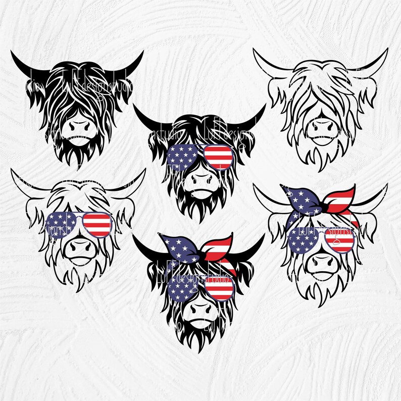 Puede incluir: Seis ilustraciones de vacas Highland en blanco y negro con accesorios tem&aacute;ticos de la bandera estadounidense. Tres vacas llevan gafas de sol con rayas rojas, blancas y azules. Tres vacas llevan bandanas rojas, blancas y azules.