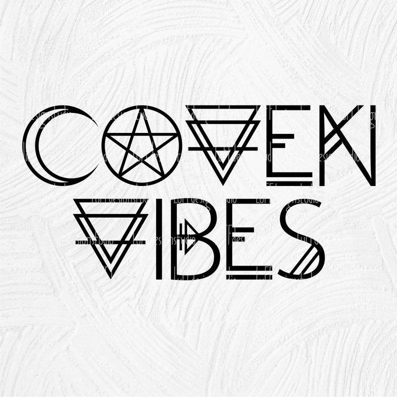 May include: Black and white graphic design with the text "Coven Vibes" featuring a crescent moon, pentagram, and triangles.