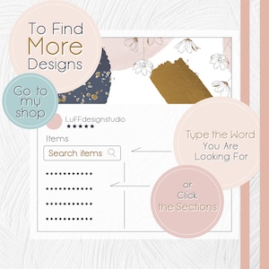 Puede incluir: Un dise&ntilde;o digital con texto que dice "To Find More Designs" y "Go to my shop". La imagen tambi&eacute;n incluye una barra de b&uacute;squeda y el texto "Type the Word You Are Looking For" y "Click the Sections".