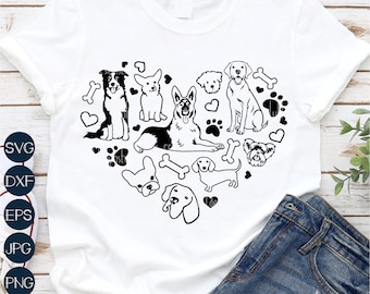 May include: A white t-shirt with a black heart design featuring various dog breeds, paw prints, and bones. The text "BUY 3 OR MORE GET %60 OFF" is printed at the bottom of the shirt.