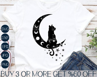 Cat and Moon SVG, Gothic SVG, Halloween SVG, Black Cat, Boho Svg, Mystical, Witchy, Png, Svg Files For Cricut, Sublimation Designs Downloads