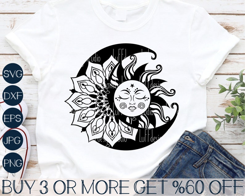 Sun and Moon SVG, Celestial SVG, Boho Crescent Moon SVG, Bohemian Shirt, Popular, Png, Svg Files For Cricut, Sublimation Designs Downloads image 1