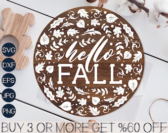 Hello Fall SVG, Fall Sign SVG, Fall Leaves SVG, Glowforge, Thanksgiving, Farmhouse, Png, Svg Files for Cricut, Sublimation Designs Downloads