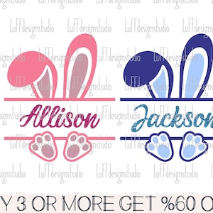 May include: A digital design featuring two sets of bunny ears, one pink and one blue, with the names "Allison" and "Jackson" written below. The design includes paw prints and is available in SVG, DXF, EPS, JPG, and PNG formats.