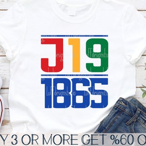 May include: A white t-shirt with the text "J19 1865" in red, yellow, green, and blue. The text is in a bold, blocky font.