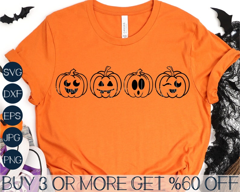 May include: Orange t-shirt with four black pumpkin faces with different expressions. The text "BUY 3 OR MORE GET %60 OFF" is at the bottom of the shirt.