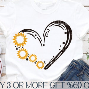 Saint-Valentin coeur SVG, SVG tournesol, amour SVG, coeur floral Svg, Png, fichiers Svg populaires pour Cricut, téléchargements de motifs par sublimation