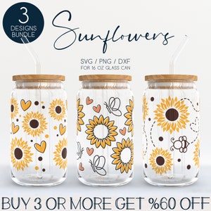 Bundle SVG verre Libbey tournesol, canette de bière papillon 16 oz envelopper des fichiers Svg Png Dxf, bourdon abeille tasse à café Svg, gobelet envelopper des fichiers Svg pour Cricut