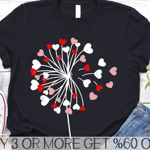 Dandelion SVG, Valentines Day SVG, Love Hearts SVG, Flower Svg, Valentine Shirt Svg, Png, Svg File For Cricut, Sublimation Designs Downloads