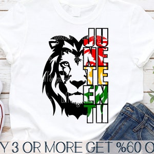 May include: A white t-shirt featuring a black lion's head silhouette and the words "Juneteenth" in red, yellow, and green.