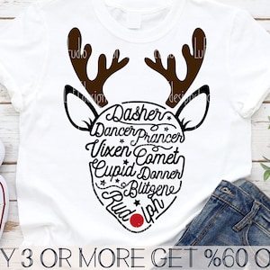 Renna SVG, Natale SVG, Nomi di renne SVG, Maglietta di Natale per bambini divertenti SVG, PNG, File SVG per Cricut, Download di disegni per sublimazione