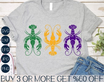 May include: A gray t-shirt with three crawfish silhouettes in green, yellow, and purple. The crawfish are in a row, with the green crawfish on the left, the yellow crawfish in the middle, and the purple crawfish on the right. The text "BUY 3 OR MORE GET %60 OFF" is at the bottom of the shirt.