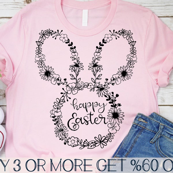 Floral Easter Bunny SVG, Happy Easter SVG, Bunny Ears SVG, Wildflowers Svg, Girls Easter Png, File For Cricut, Sublimation Designs Downloads