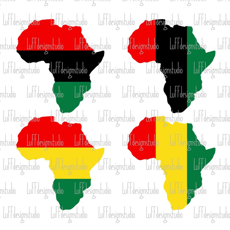 May include: Four different variations of the African continent outlined in black, each filled with the colors of the Pan-African flag: red, black, and green. The flag colors are arranged in different orders on each continent.