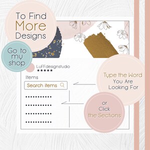 May include: A graphic with a pink and gold background featuring white flowers. The text "To Find More Designs" is in a circle with a gold outline. The text "Go to my shop" is in a circle with a blue outline. The text "LuFFdesignstudio" is below the graphic with five gold stars. The text "Items" is below the studio name. A search bar with the text "Search items" is below the text "Items". The text "Type the Word You Are Looking For" is in a circle with a pink outline. The text "or Click the Sections" is in a circle with a pink outline.